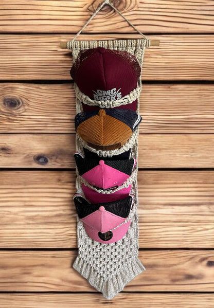 Macramé Cap Hanger – 4-Rung Adjustable Holder (Fits Up to 12 Hats)